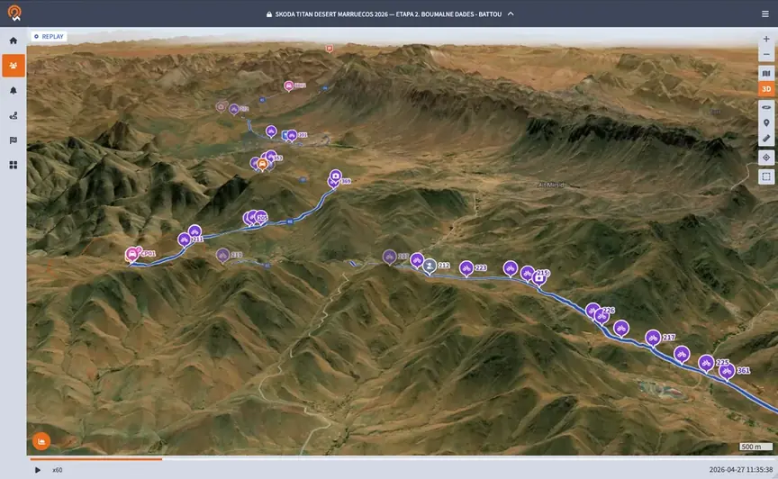 Owaka Live platform: 3D map of the route and participants in real time