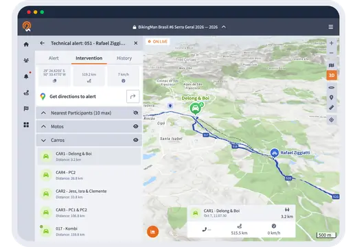 A participant's technical alert with the nearest assistance vehicles on the map