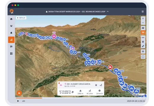 3D replay map of a Titan Desert stage in Morocco, with participants along the course