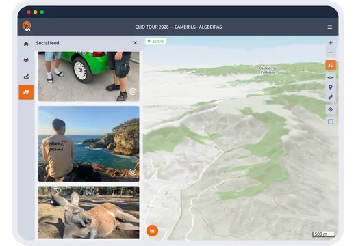Race map next to the feed of photos posted by participants