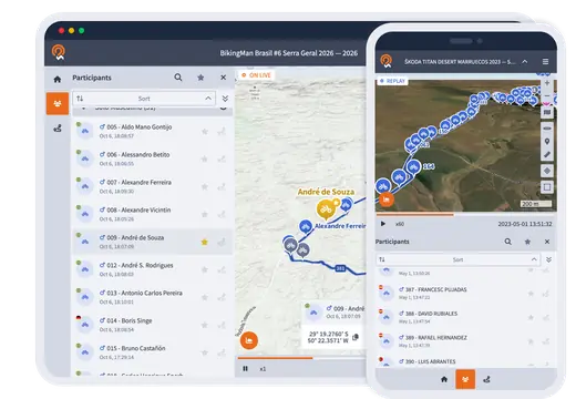 Public race map on a computer and a smartphone, with the list of participants and their live positions