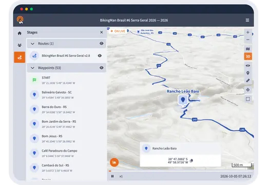 3D race map with the list of stages and waypoints